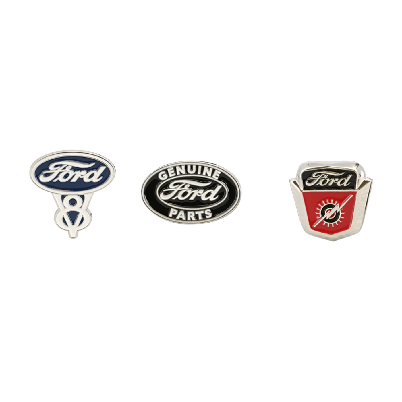 Three Ford logo pins on a white background