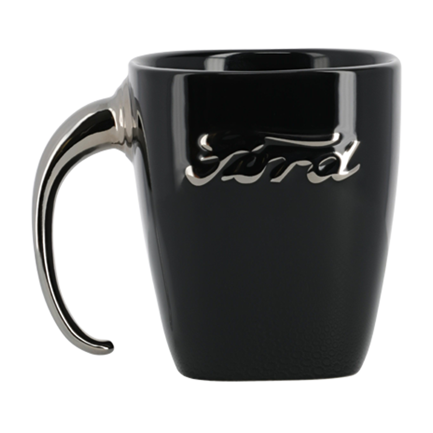 Black mug with a silver handle and logo on a white background