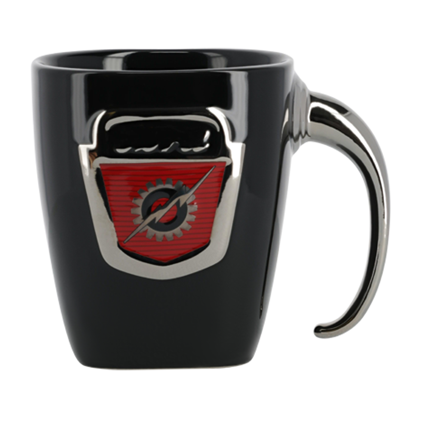 Black mug with a red and silver emblem on a white background