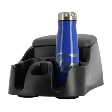 Blue water bottle with silver lid in a black car cup holder on a white background