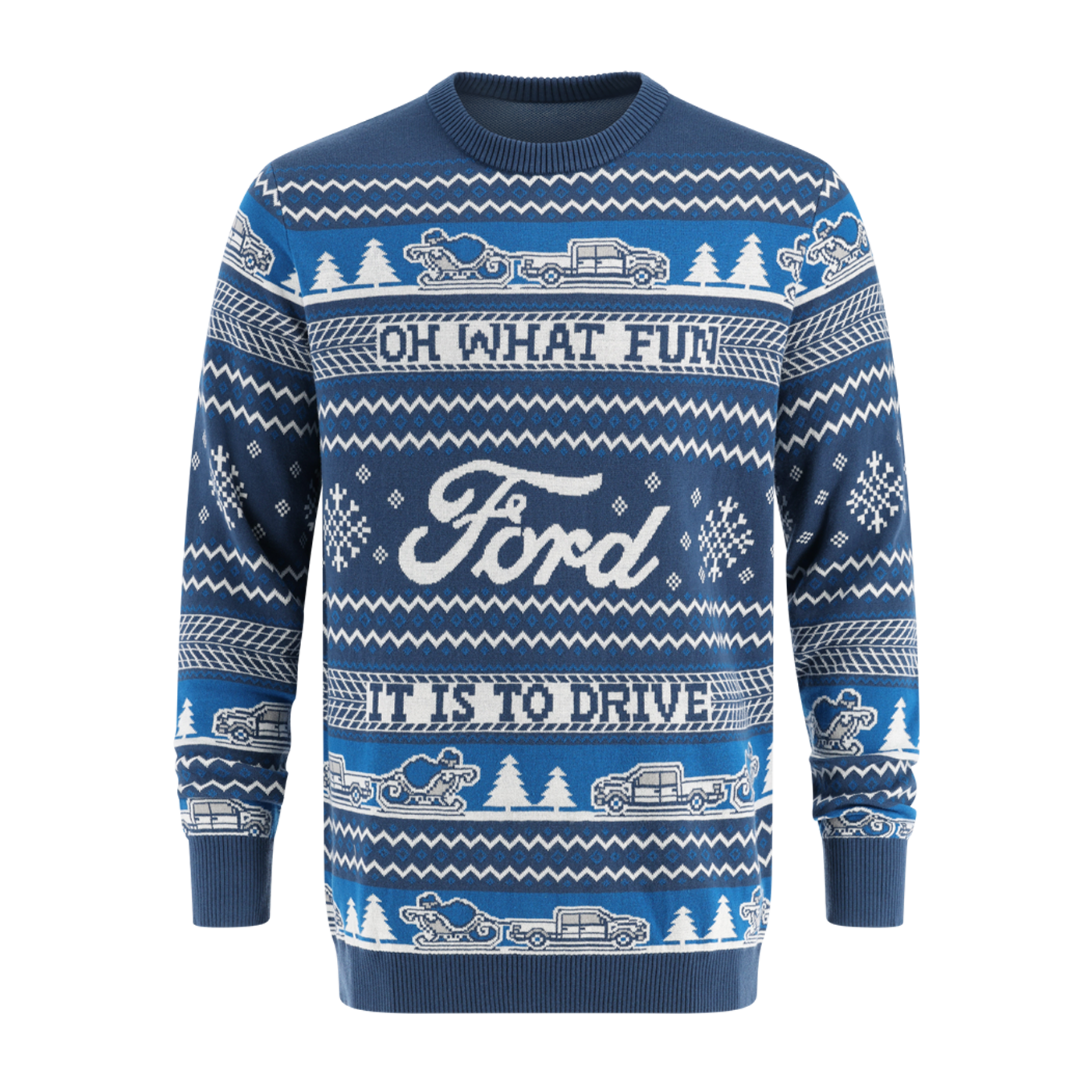 Blue sweater with white text and graphics on a white background