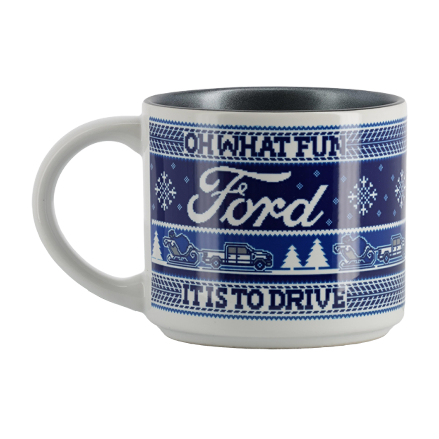 Mug with Ford logo and winter-themed design on a white background