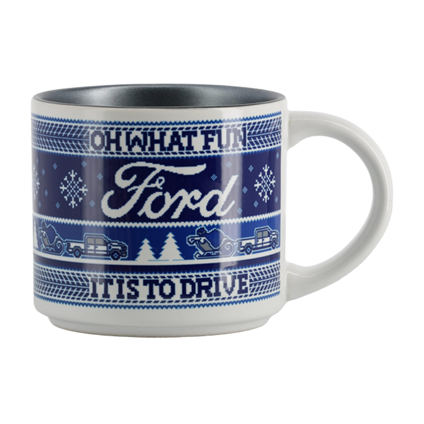 White mug with blue pattern and Ford logo on a white background oh what fun it is to drive