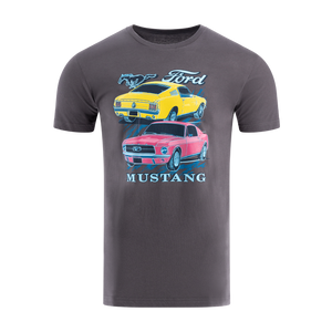 Men's gray T-shirt with a graphic print of two classic Ford Mustang cars in yellow and red, and the text 'Ford Mustang'.