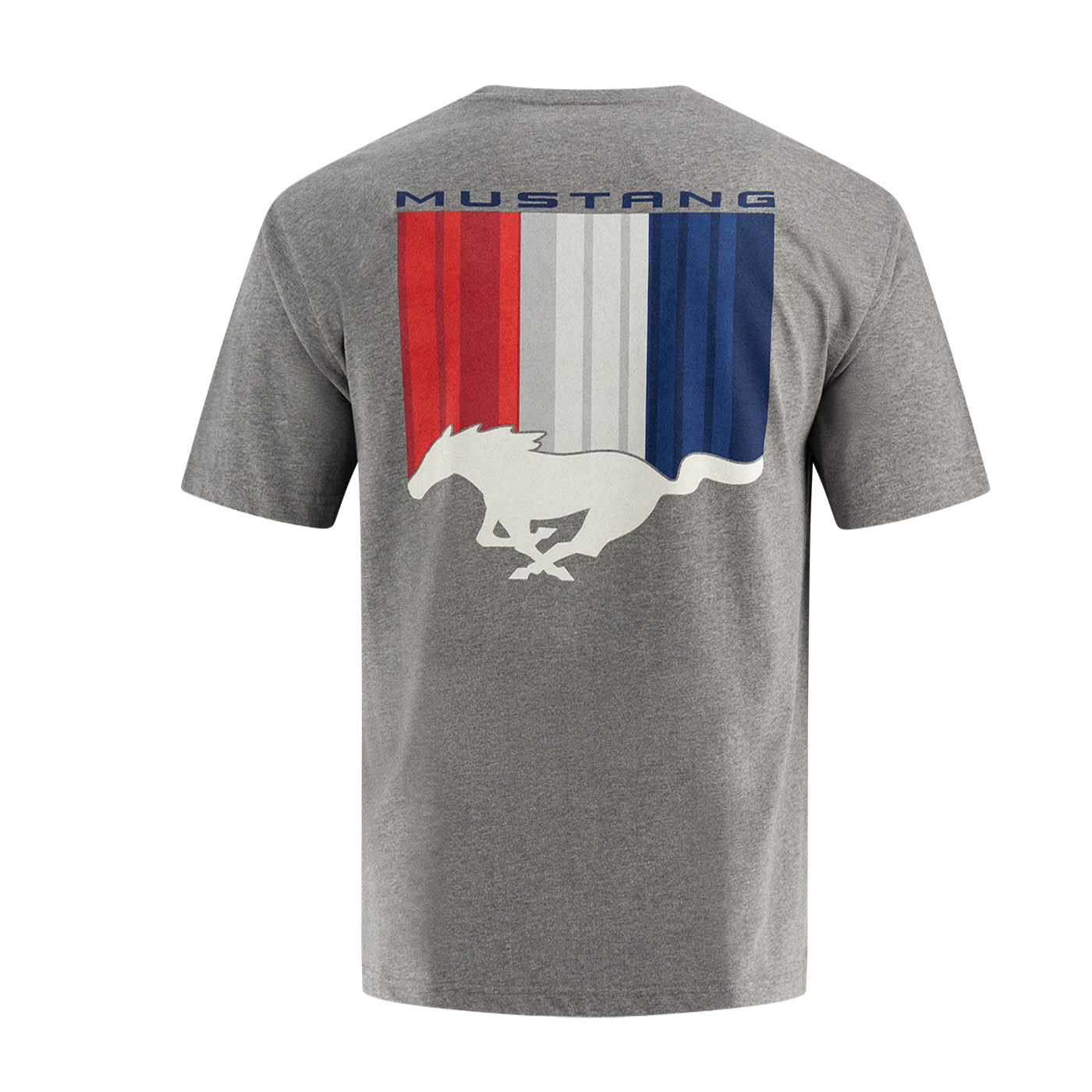 Men's gray Ford Mustang T-shirt with the pony logo and stripes in red, white, and blue on the back.