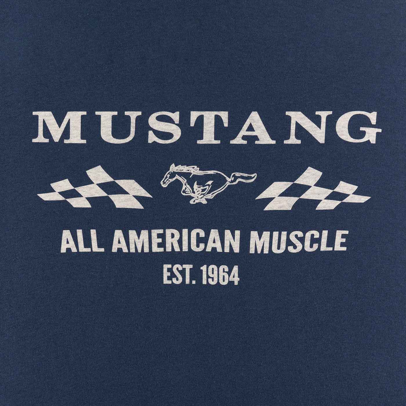 Navy blue shirt with Mustang graphic and text.