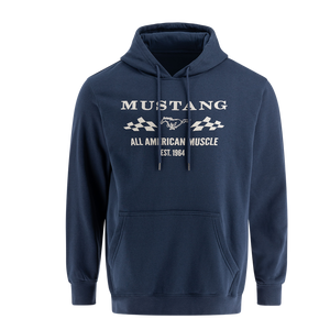A navy blue hooded pullover sweatshirt with 'MUSTANG All American Muscle EST. 1964' printed on the front.