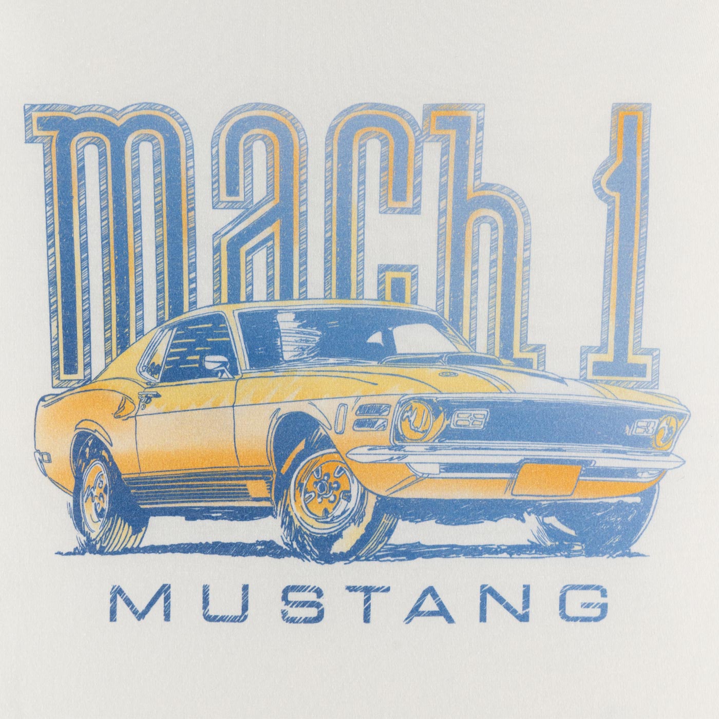Yellow and blue Mustang with 'Mach 1' text on a white background