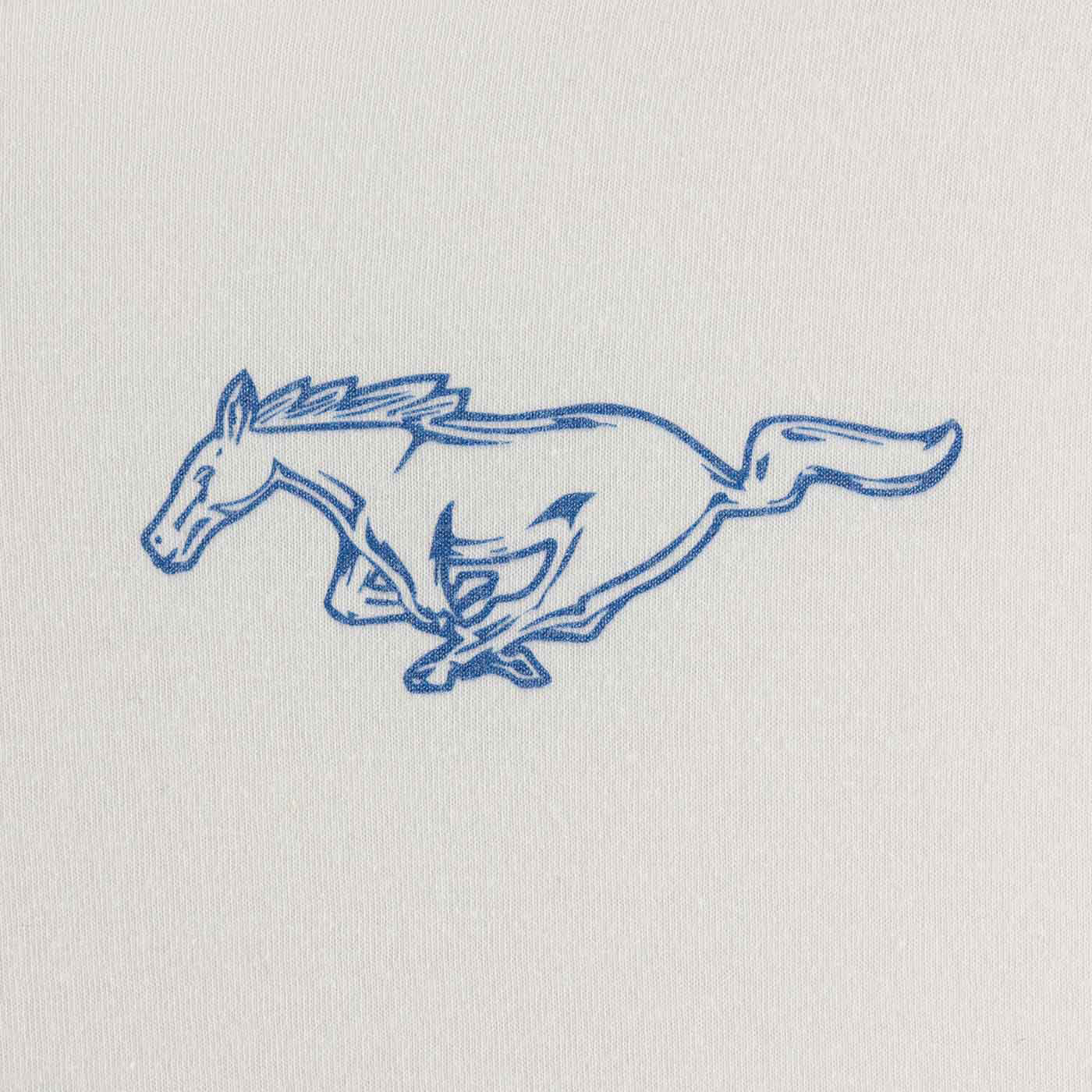 Blue embroidered horse logo on a light gray background