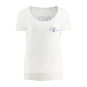 White t-shirt with a small blue logo on a white background