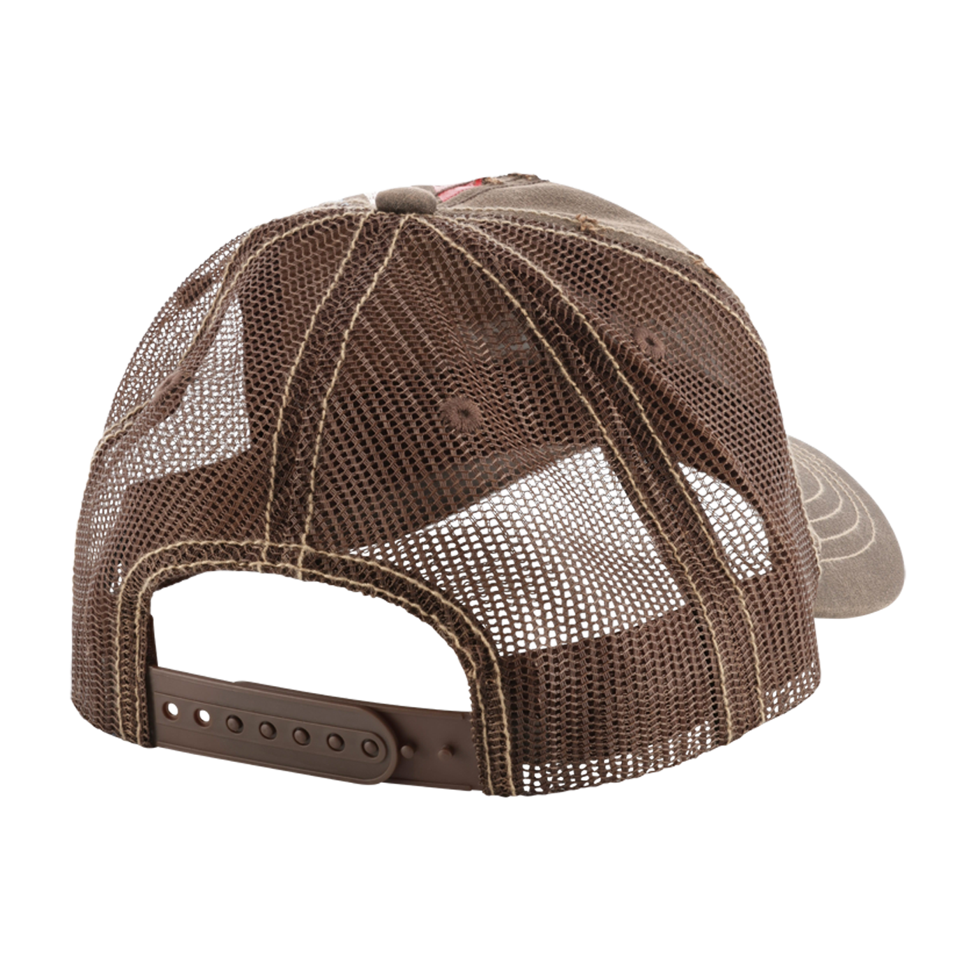 Brown mesh cap with leather brim on a white background