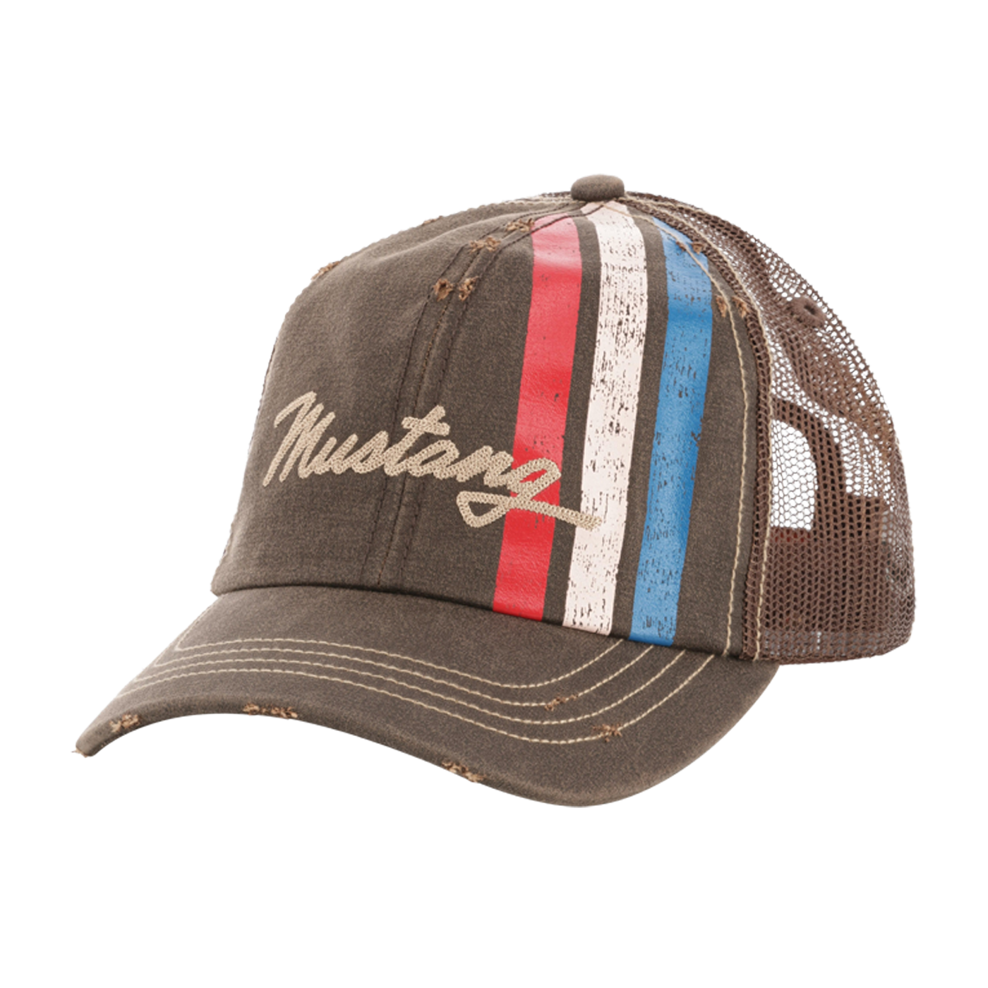 Brown cap with 'Mustang' logo and colorful stripes on a white background