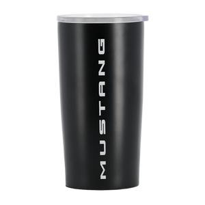 Black tumbler with 'Mustang' branding on a white background