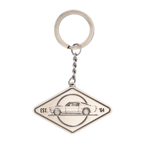 Keychain with car design and 'EST. '64' text on a white background