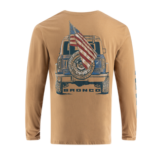 A beige long-sleeved men's T-shirt with a graphic print of a Ford Bronco vehicle and an American flag.