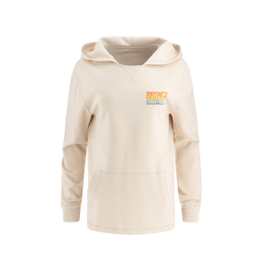 front of cream beach style women's hoodie with bronco built wild ombre multicolor emblem on front left chest