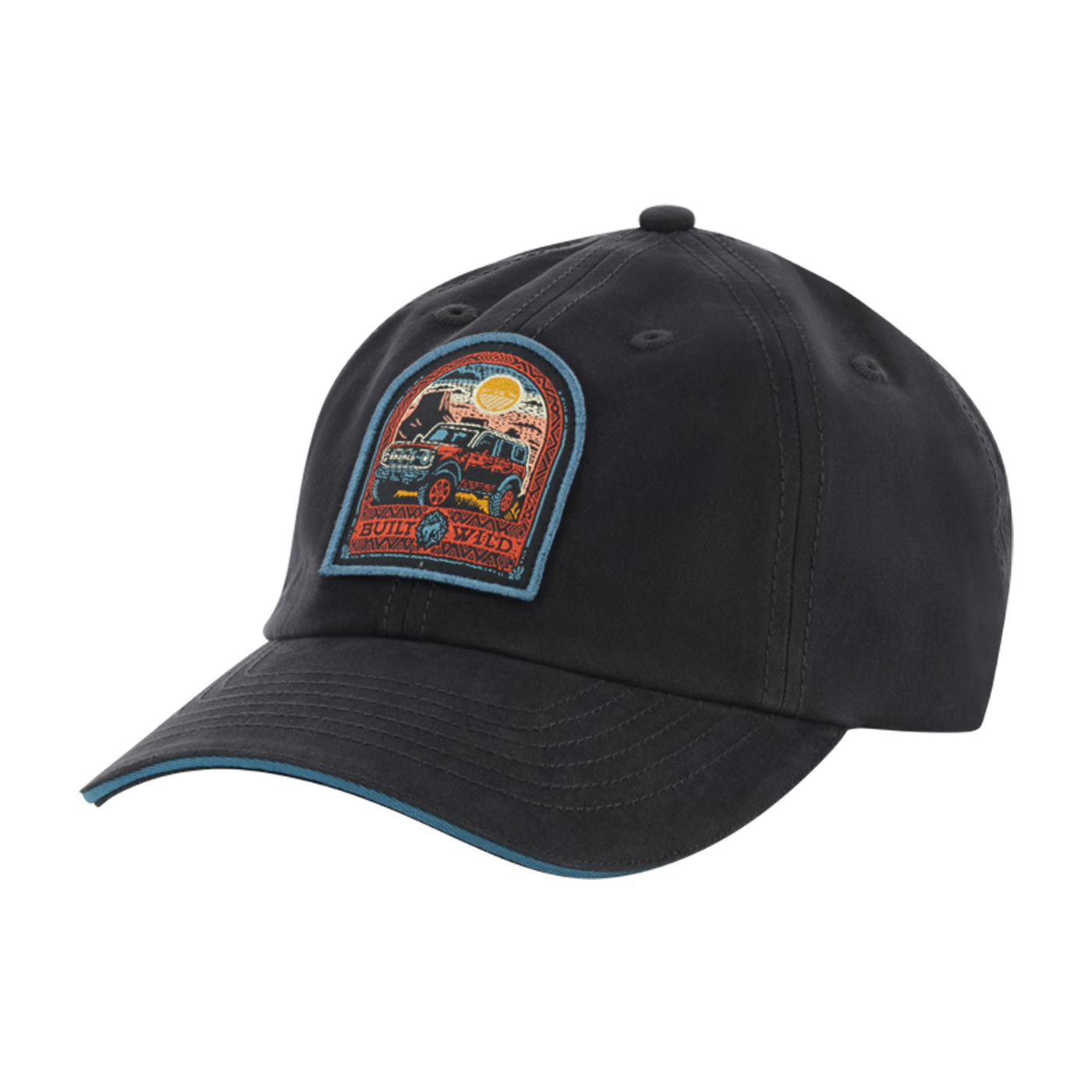 Black cap with a colorful patch bronco built wild on a white background