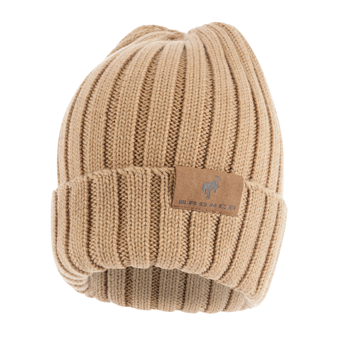 Beige knit beanie with a bronco patch on a white background
