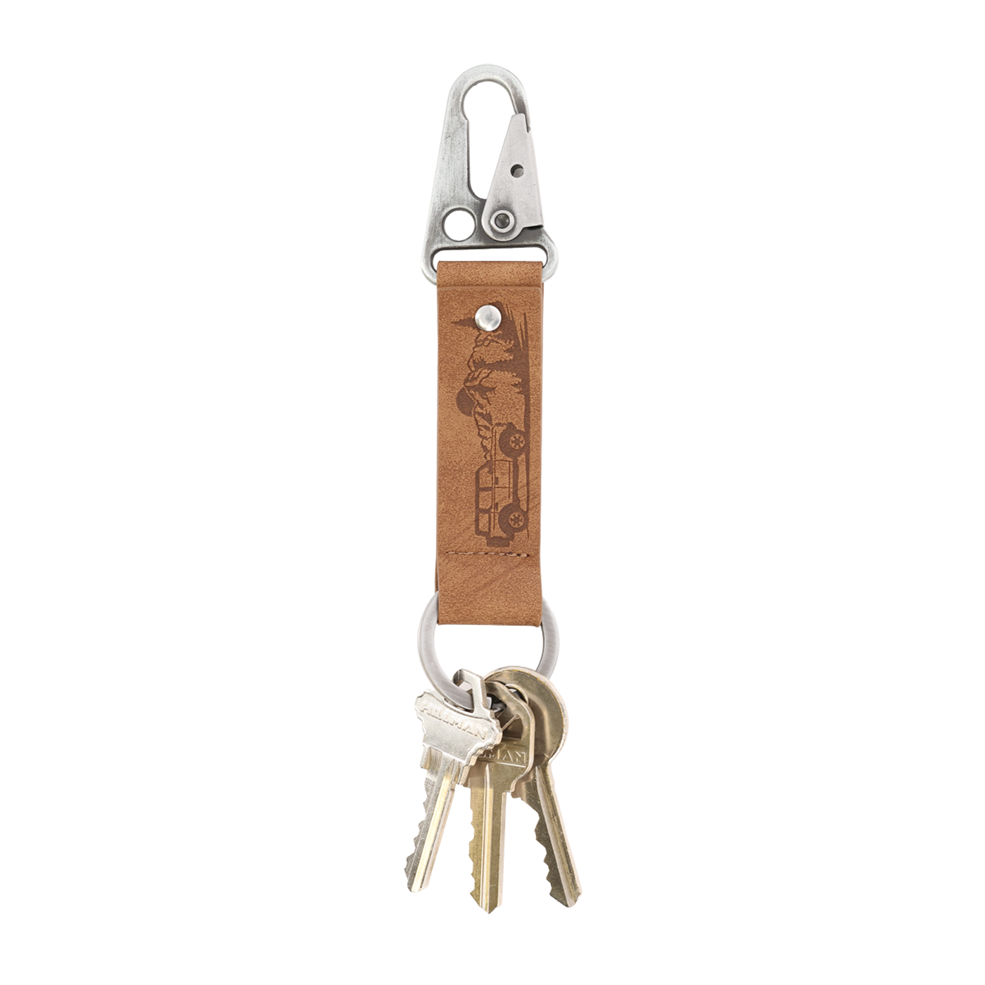 Keychain with leather strap and carabiner on a white background