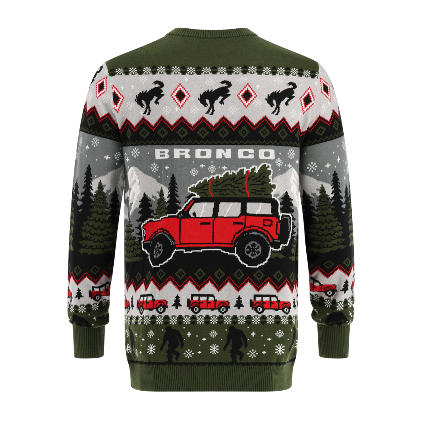 Ugly Christmas sweater with Ford Bronco design on a white background