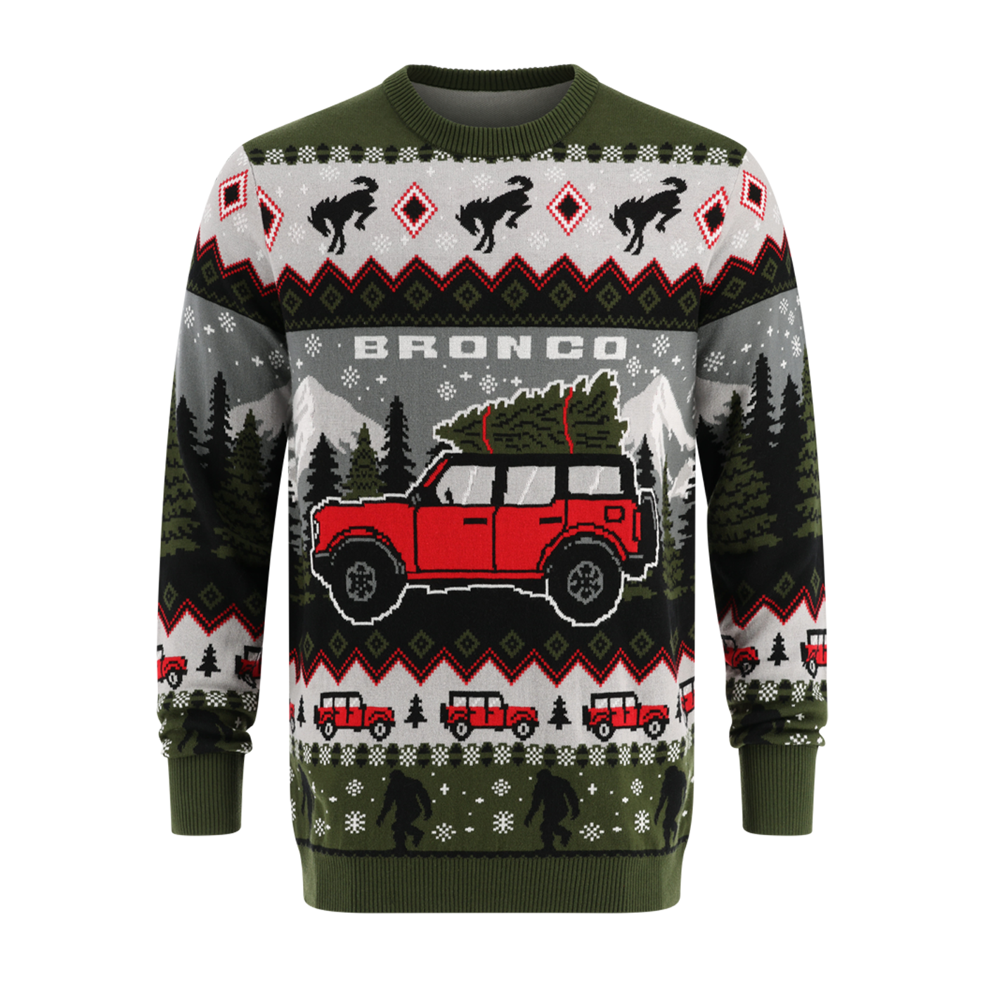 Ugly Christmas sweater with red Bronco SUV design on a white background