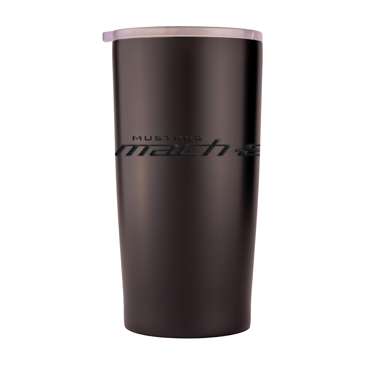 Black tumbler with 'Mustang' branding on a white background