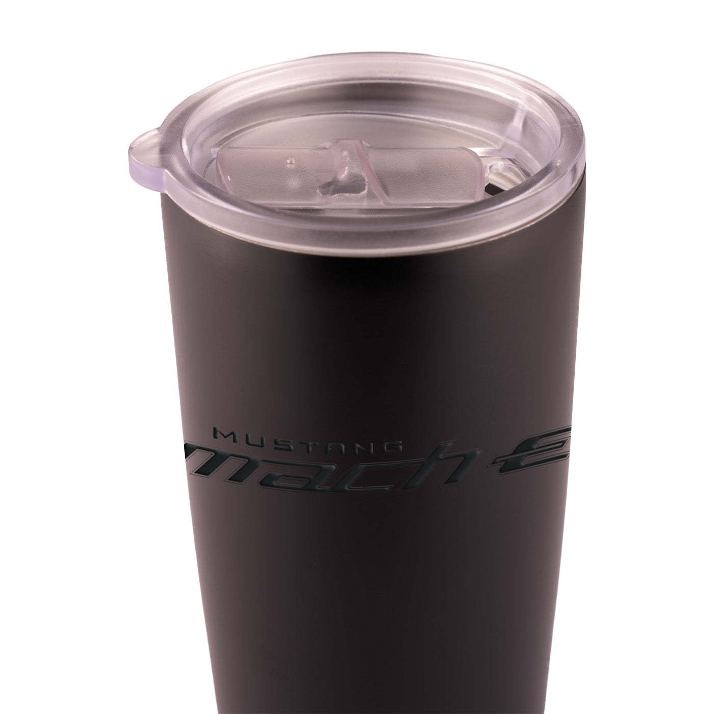 Black tumbler with clear lid featuring 'Mustang Mach-E' branding on a white background
