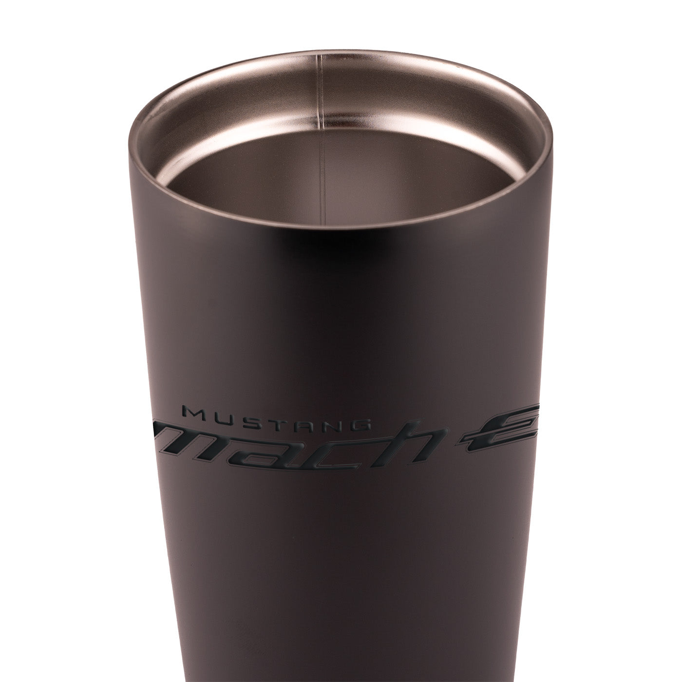 Stainless steel tumbler with 'Mustang Mach E' branding on a white background