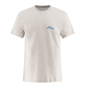 silver men's t shirt with blue "Ford" script on left front chest