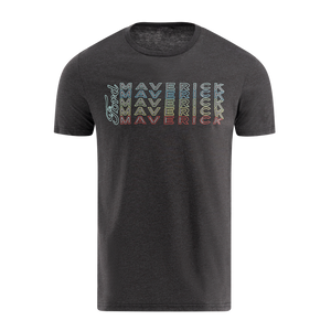 Black t-shirt with colorful 'Maverick' text design on a white background