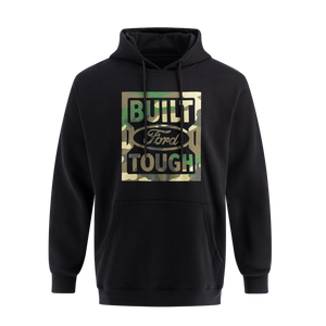 A black hooded pullover sweatshirt with camouflage pattern and 'Built Ford Tough' text logo on the front.