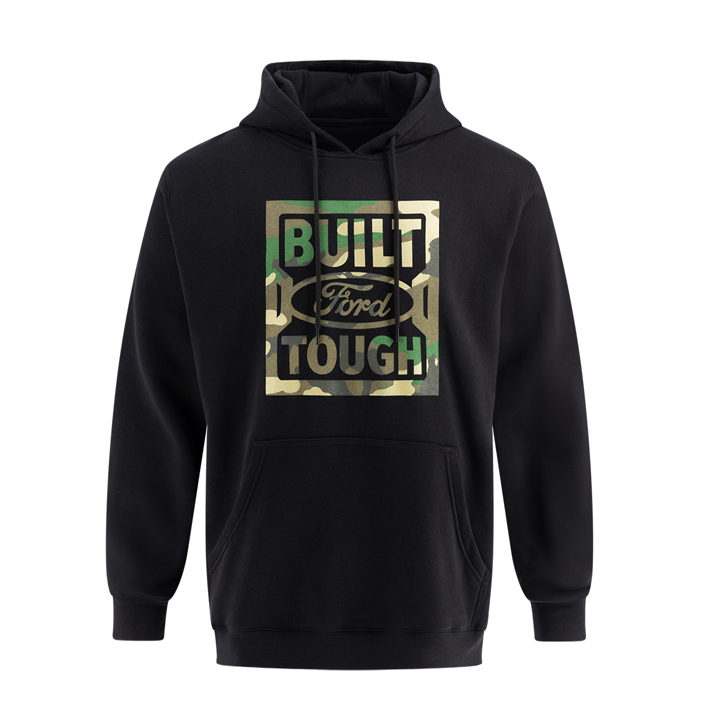 A black hooded pullover sweatshirt with camouflage pattern and 'Built Ford Tough' text logo on the front.