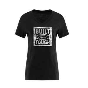 A black women's T-shirt with a camouflage design and the text 'BUILT Ford TOUGH' printed in the center.