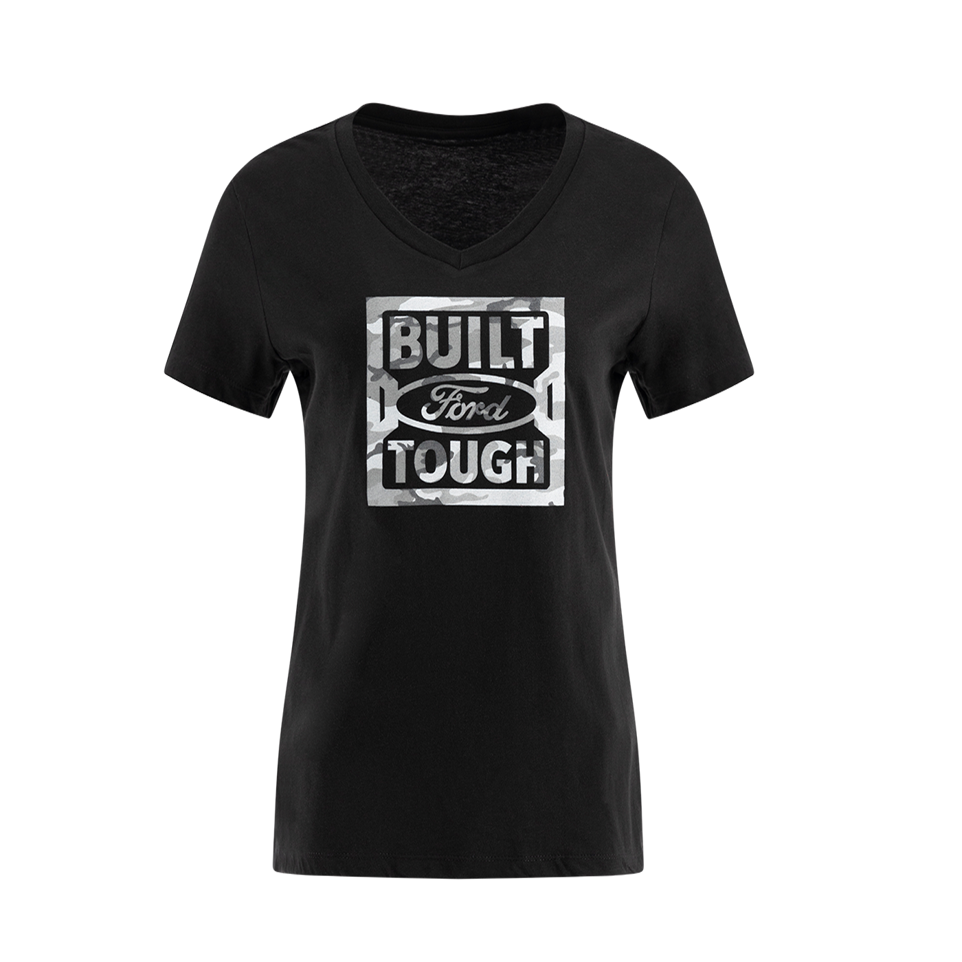 A black women's T-shirt with a camouflage design and the text 'BUILT Ford TOUGH' printed in the center.