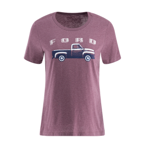 Women's purple Ford Trucks vintage t-shirt with graphic of a Ford pickup truck