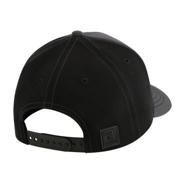 Black cap with a visible brand logo on a white background