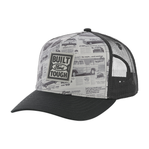 retro newspaper clippings of Ford news front panel with built ford tough badge of black mesh back hat