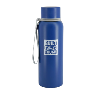 Blue water bottle with 'Built Ford Tough' logo on a white background