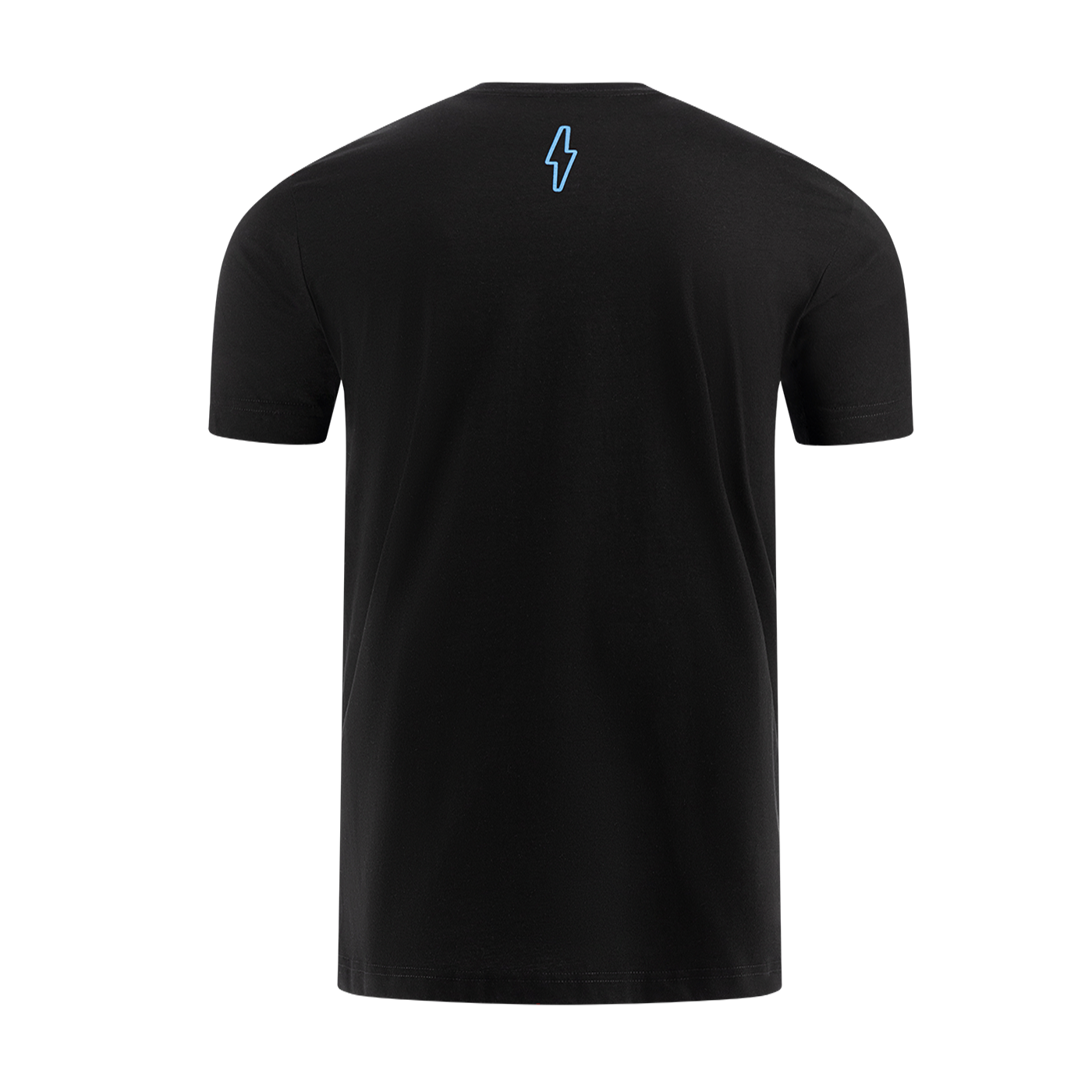 Black t-shirt with a blue lightning bolt on the back against a white background