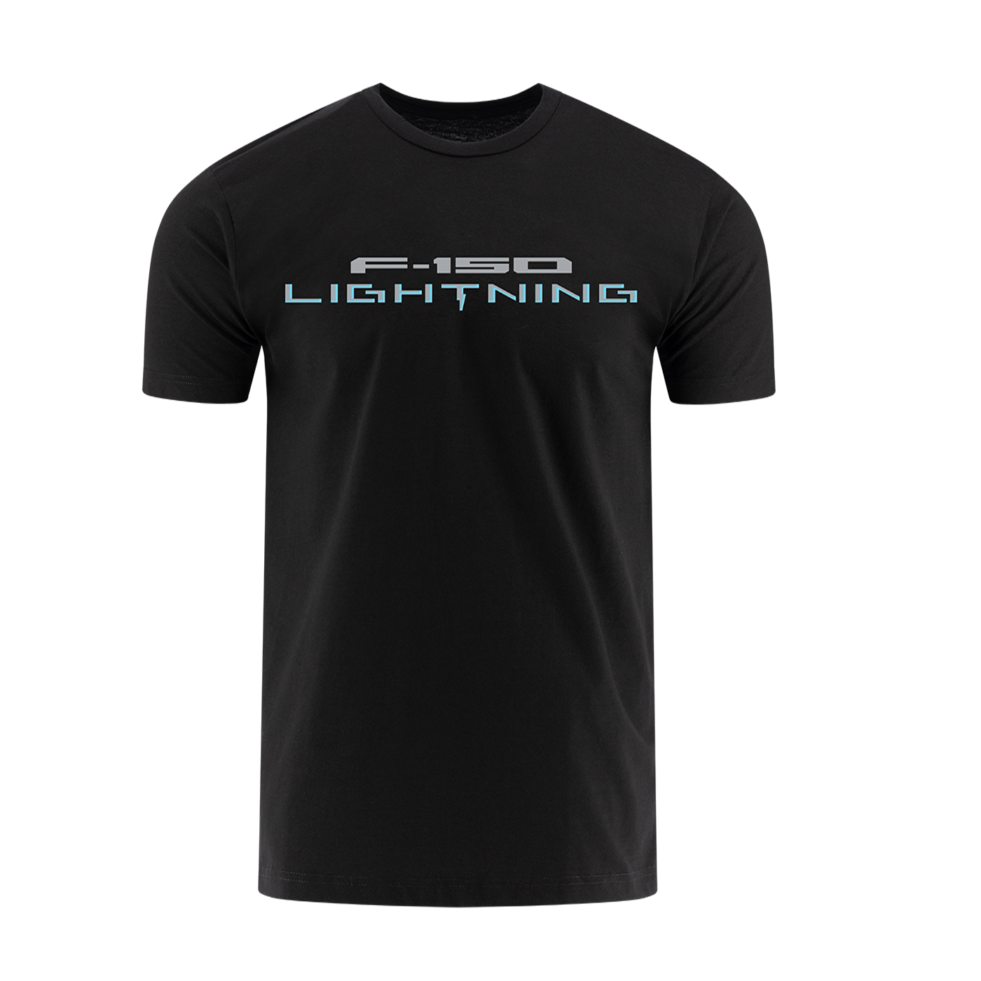 Black t-shirt with 'F-150 Lightning' text on a white background
