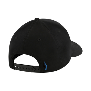 Black cap with a blue lightning bolt logo on the back against a white background