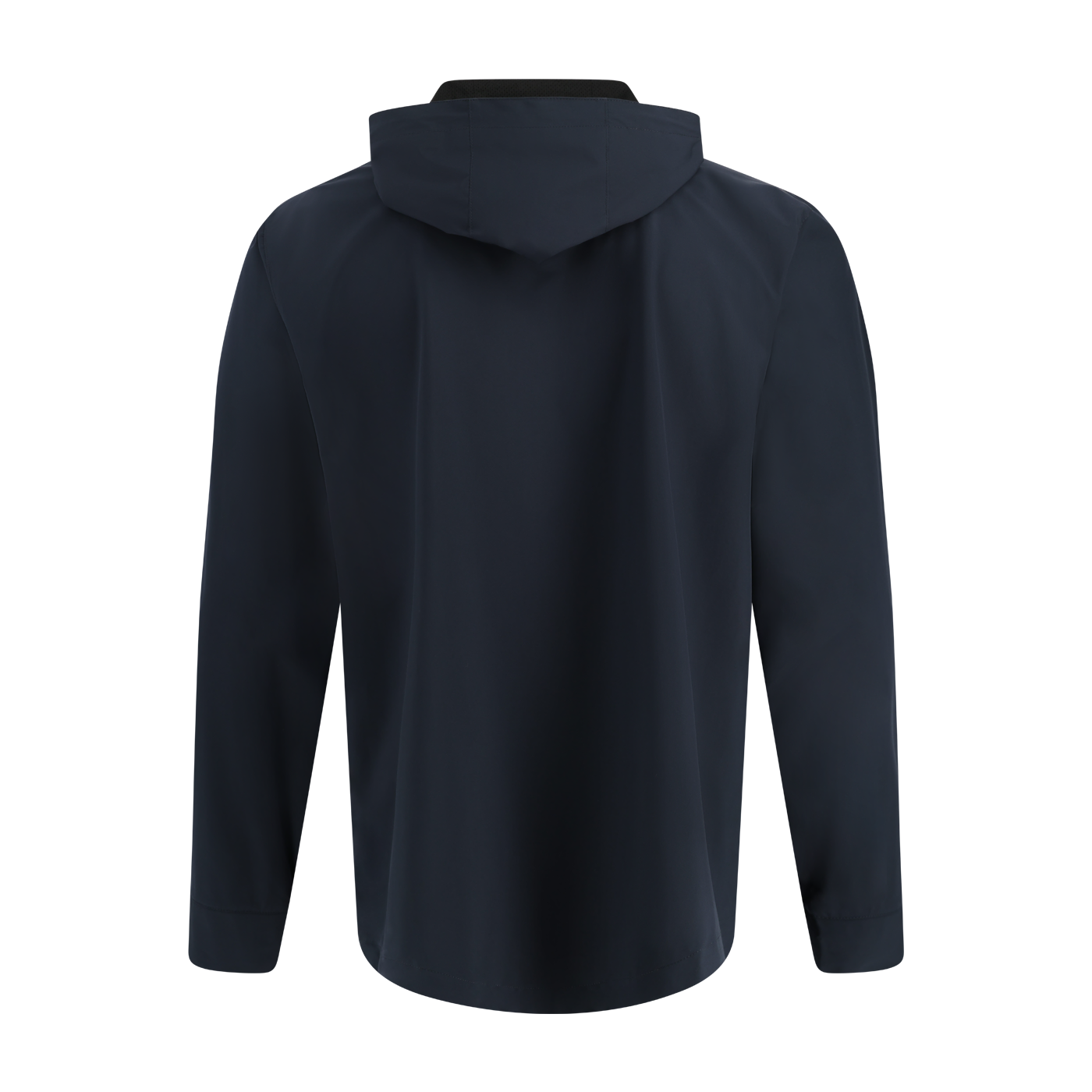 back of navy blue rain jacket with hood