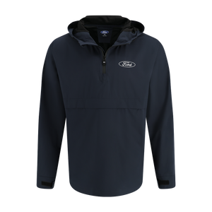 navy blue rain jacket with white line blue oval and ford script on left chest