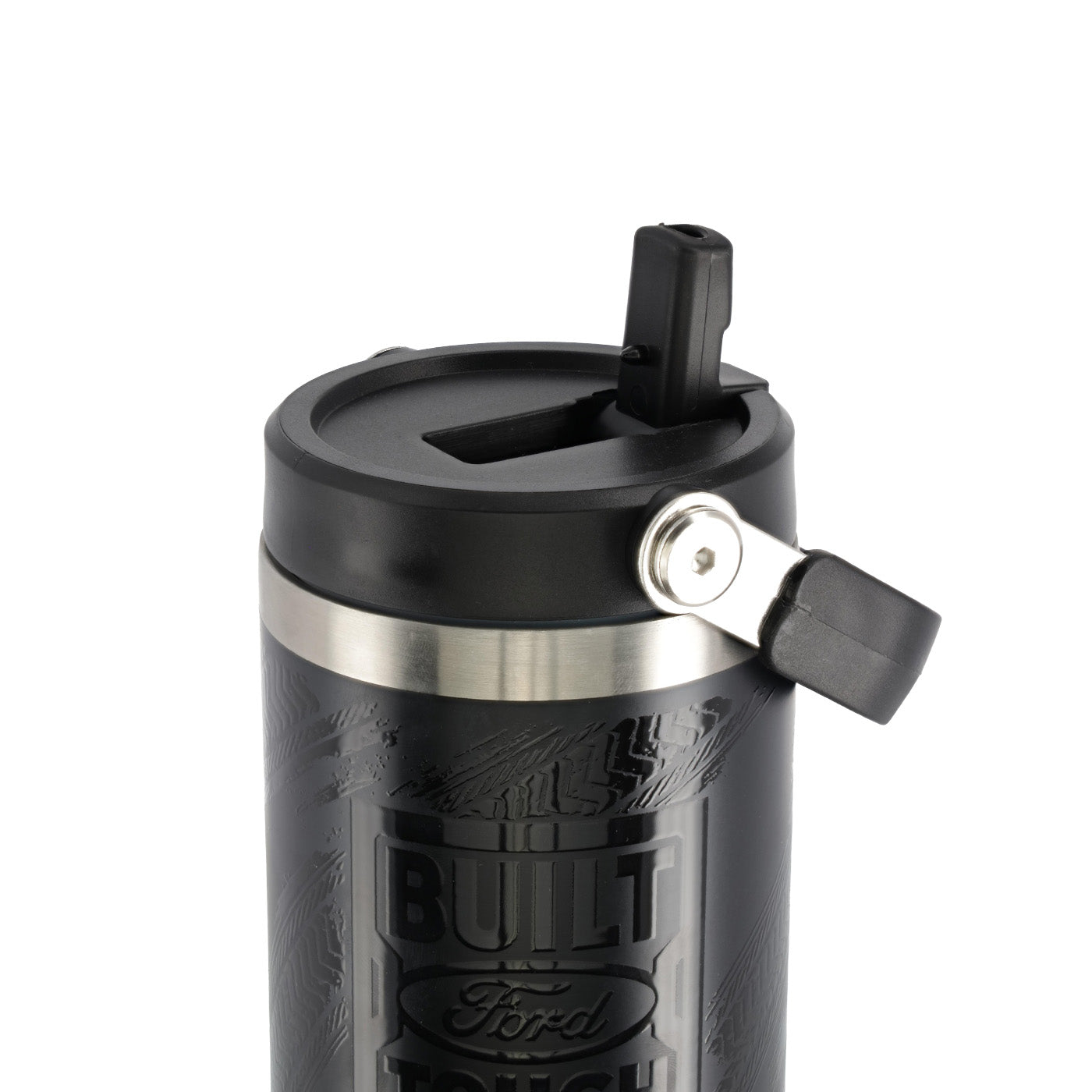 open lid on top of black built ford tough tumbler