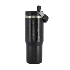 A black Ford branded tumbler with a handle and logo embossed on the side.