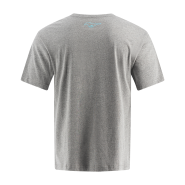 back of gray short sleeve t shirt with blue mustang mach-e pony logo at collar