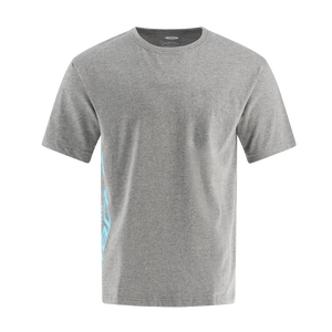 A gray Ford Mustang Mach-E men's T-shirt with teal logo on the sleeves.