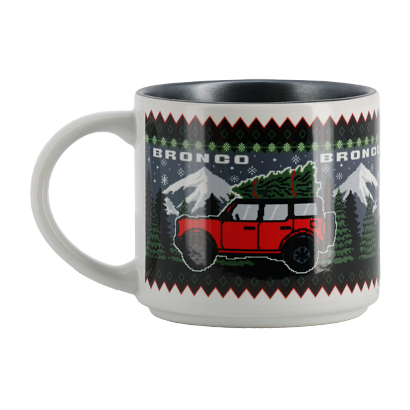 Mug with a Broncos design featuring a red vehicle and Christmas tree on a white background