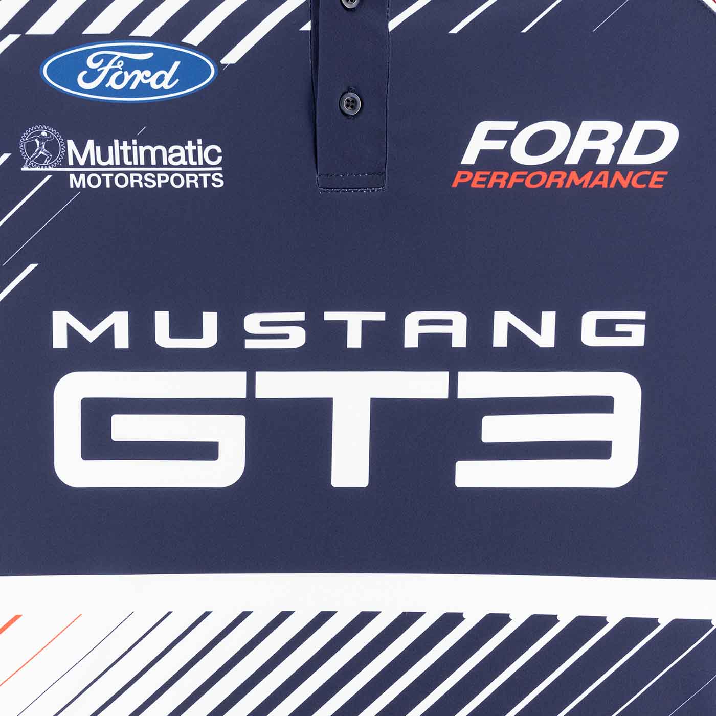 Navy blue polo shirt with Ford Performance and Mustang GT3 branding