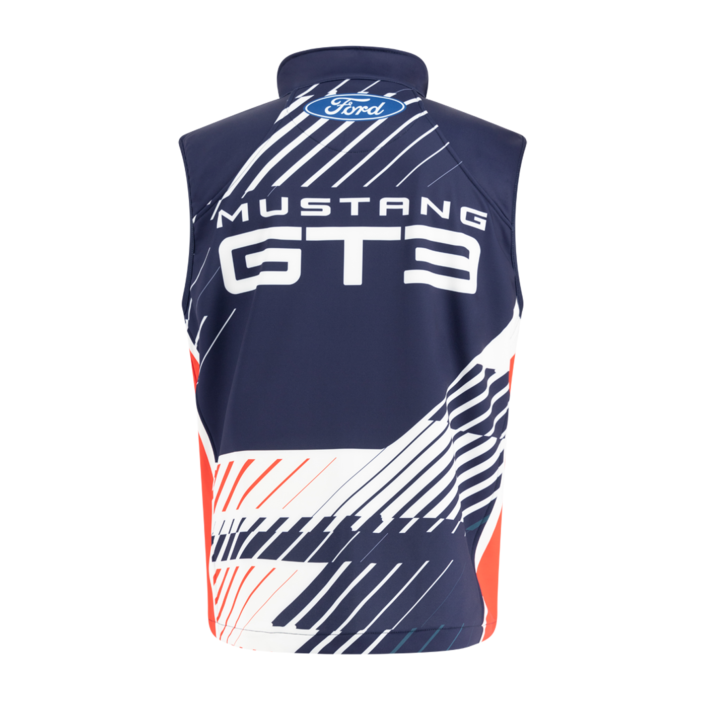 Ford Mustang GT3 sleeveless shirt with blue and red design on a white background